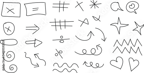 A collection of 25 hand drawn symbols and doodles