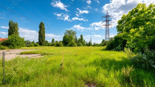 Military Parade Ground Surrounded by Tall Grass and Power Lines under a Bright Sky
