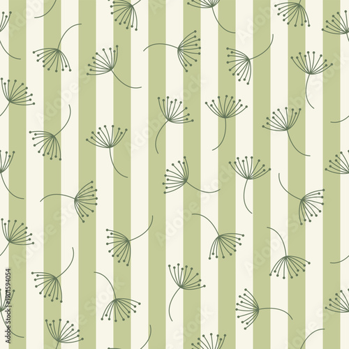 Seamless pattern with hand drawn dandelion seeds on vertical striped green background