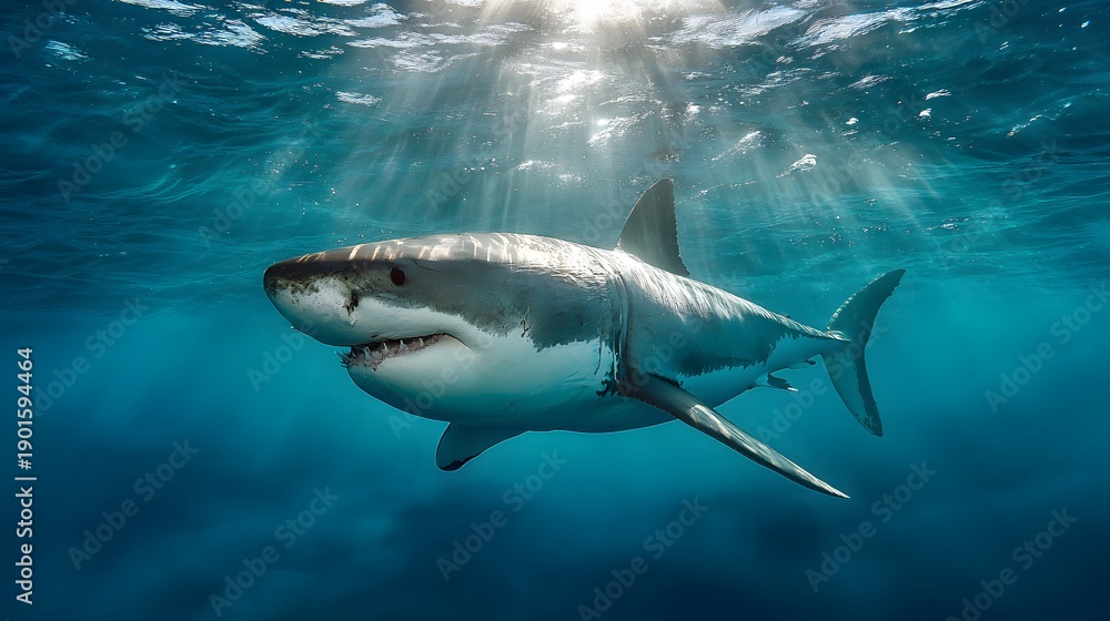 Fototapeta premium Magnificent Great White Shark Swimming Gracefully in the Deep Blue Ocean Waters.