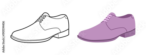 Buck mens purple flat plus line shoe set. Casual derby footwear with contrast sole preppy campus style. Technical illustration CAD mockup sketch vector women unisex outline isolated.