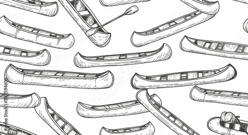 Canoe Exploration Adventure, Watercraft Journey, Natural Setting, Illustration Design, Outdoor Environment, Top-Down View, Nature Concept