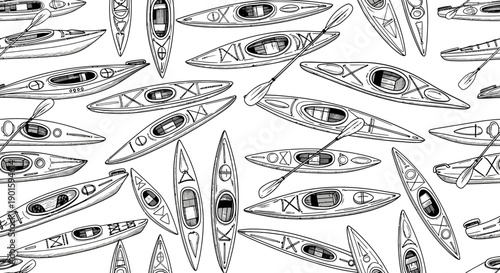 Kayaking Adventure, Multiple Kayaks, Serene Water, Illustration, Outdoor Environment, Aerial View, Recreational Concept