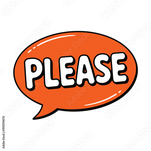 A cartoon speech bubble with the word 'please' on a white background
