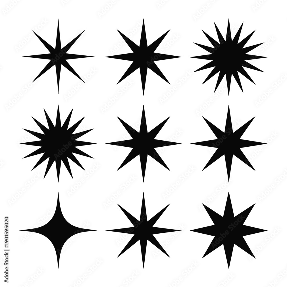Fototapeta premium A collection of black starburst shapes on a white background