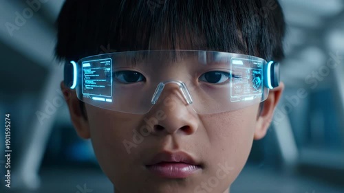 Close-up portrait of a young boy wearing futuristic augmented reality glasses with a glowing blue digital interface.