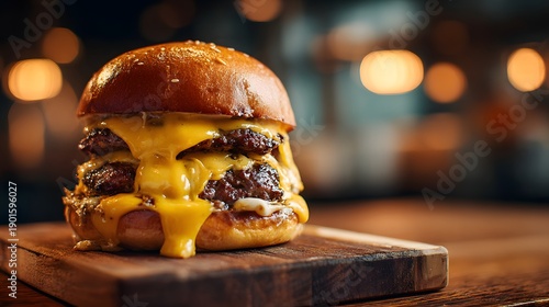 Delicious Double Cheeseburger on a Wooden Board with Melted Cheese and Sesame Seed Bun.