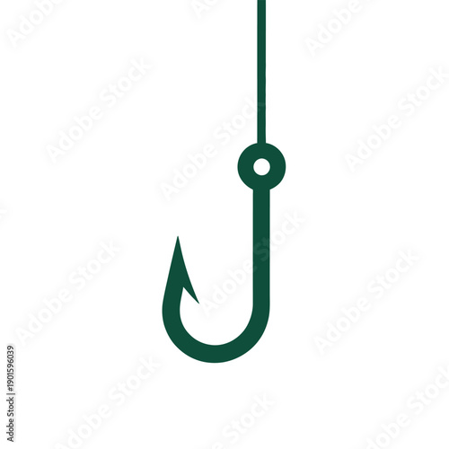 A green fishing hook hangs from a line against a white background.