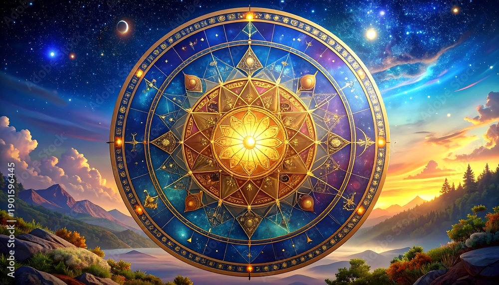 Fototapeta premium A vibrant cosmic mandala floats against a dusk sky over a mountain range. Celestial bodies embellish the design