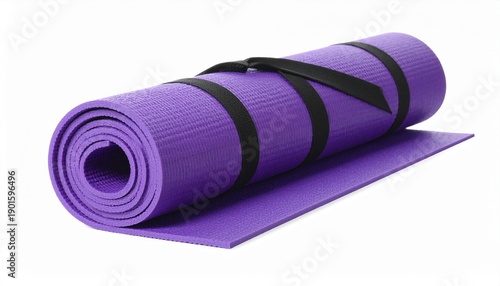 A rolled purple yoga mat with black straps against a white background