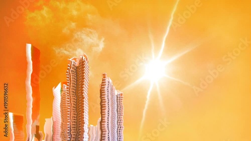 A thermometer shows a high temperature against an orange sky with melting high-rise buildings and a shining sun. The concept of a heat wave. Extreme weather. The impact of global warming