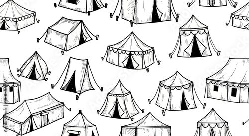Artistic Illustration of Various Camping Tents in a Whimsical Style