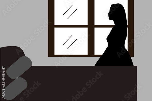 Silhouette of a woman standing near a window inside a quiet room. Concept of loneliness, self reflection, waiting, emotional distance, and inner thoughts.