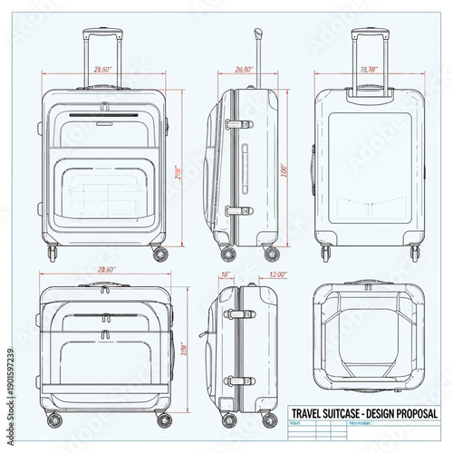 Travel Suitcase Blueprint - Design Proposal with Dimensions