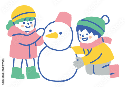 Children playing while making a snowman_color