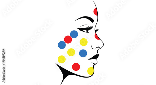 Elegant profile line art of a woman's face adorned with vibrant primary colored dots, representing modern beauty,