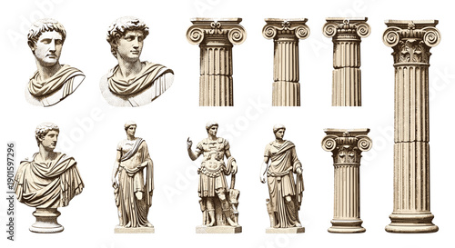 Ancient Roman and Greek classical marble sculptures depicting historical figures and architectural column capitals,