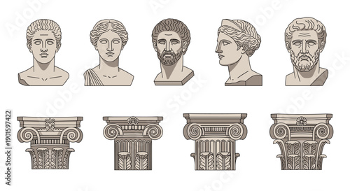 Comprehensive collection of outline Roman and Greek busts alongside detailed classical column capitals, illustrating