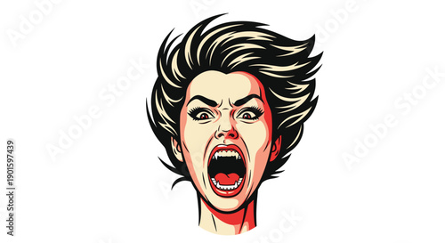 Striking pop art illustration of a woman screaming with prominent vampire fangs, conveying horror, aggression, and a