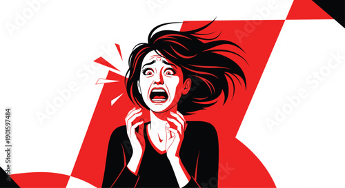 Dynamic illustration of a woman screaming in intense panic, her hair flying wildly, set against a background of bold