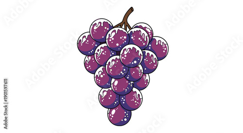 Vibrant cartoon illustration of a luscious bunch of purple grapes, featuring glistening highlights, perfect for fresh
