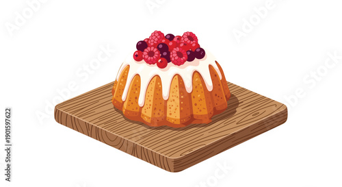 Appetizing cartoon illustration of a delightful bundt cake, generously topped with white icing and a medley of fresh,