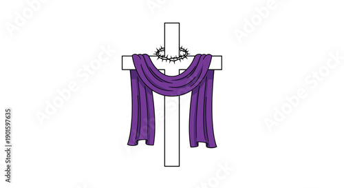 Solemn depiction of a white Christian cross draped in regal purple fabric, surmounted by a poignant crown of thorns.