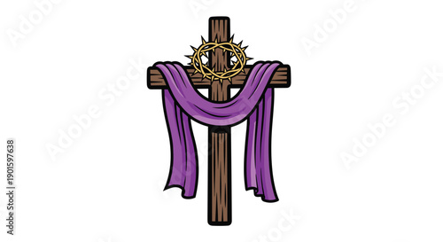 Reverent illustration of a textured wooden Christian cross, adorned with a vibrant purple drape and a gleaming golden