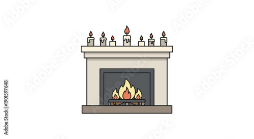Minimalist cartoon illustration of a charming fireplace, featuring a warm fire and a row of lit candles atop the mantle.