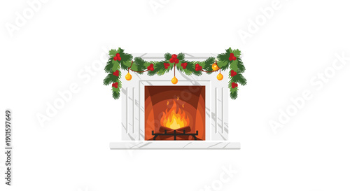 Warm and inviting cartoon illustration of a cozy white fireplace with a crackling fire, beautifully decorated with