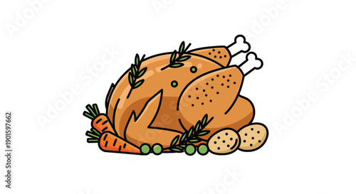 Wholesome cartoon illustration of a beautifully roasted chicken, garnished with fresh rosemary, carrots, and green peas