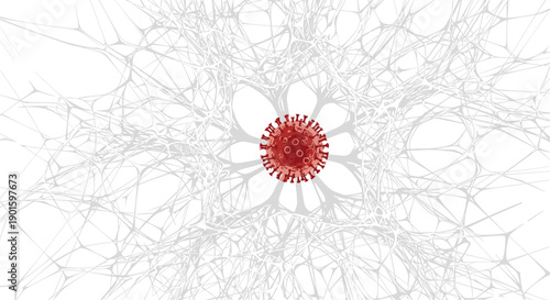 Striking 3D rendering of a vibrant red coronavirus particle situated within an intricate, abstract network resembling a