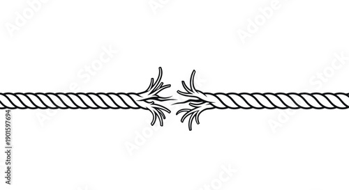 Minimalist Black Outline Illustration of a Rope Snapped and Frayed, Symbolizing a Broken Connection, Stress, or the