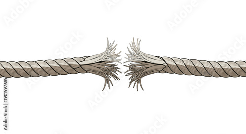Strained Light-Colored Rope Fraying and Broken in the Center, Representing Loss of Integrity, Breaking Bonds, or
