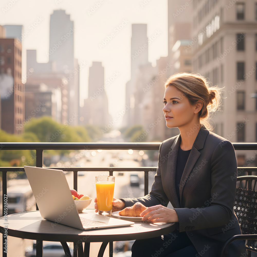Fototapeta premium Professional young woman in a grey suit sitting on an urban balcony with a laptop, orange juice, and a croissant against a city skyline. Generative AI.
