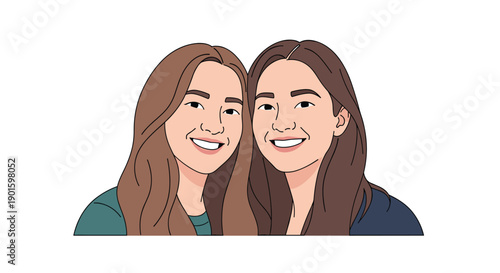 Bright and Authentic Portrait of Two Young Women with Long Brown Hair, Smiling Happily Side by Side, Representing