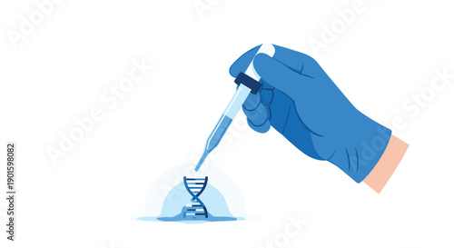 A gloved hand precisely drops a liquid chemical onto a swirling DNA helix, symbolizing genetic research and