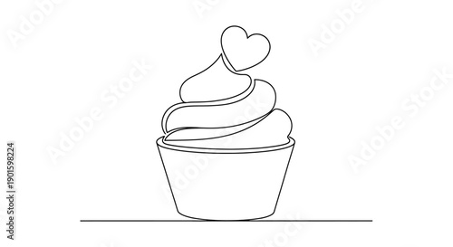 Continuous line drawing of a cupcake with a heart topping a minimalist sweet treat illustration perfect for love celebration or bakery designs