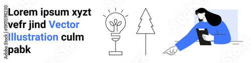 Environmental sustainability, green energy, nature conservation, climate action, eco-consciousness, and innovation. A person pointing to elements thumbs up a tree and eco-bulb icon. Green energy