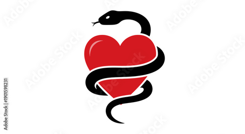 A black snake wrapped around a vibrant red heart symbolizing the complex duality of love danger and temptation ideal for medical psychological or relationship-themed designs