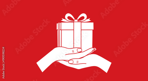 Hands holding a gift box a minimalist flat design vector illustration on a red background perfect for concepts of giving rewards or special offers