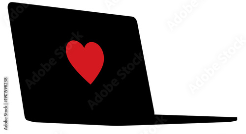 Minimalist black laptop featuring a bright red heart on its back symbolizing digital love and passion for online activities isolated on white