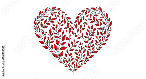 Intricate heart shape formed by vibrant red leaves and delicate branches a botanical illustration perfect for love romance and nature-themed designs