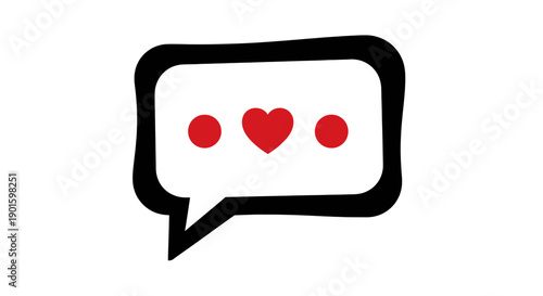 A minimalist chat bubble icon with a red heart and dots representing online communication love or social media interaction isolated on white