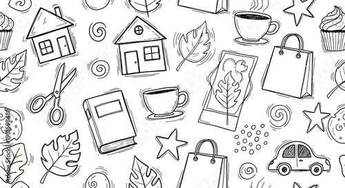 Home, Coffee, Shopping, Nature, and Hobbies in a Whimsical Design Background