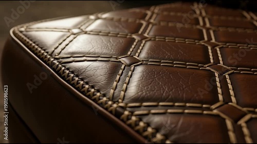 Close up of brown leather upholstery with stitched diamond pattern