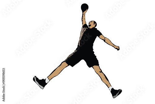 Dynamic basketball player silhouette in mid-air dunk pose. Clean vector illustration isolated on background, suitable for sports posters, apparel design, social media graphics, and athletic branding.