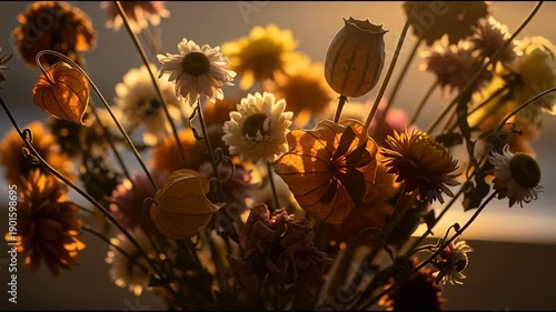 Close up of dried flowers with warm lighting natural aesthetic