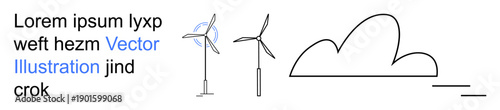 Renewable energy, sustainability, eco-friendly design, green power, clean technology, minimalistic environment. Simple wind turbines next to a cloud and abstract text. Renewable energy