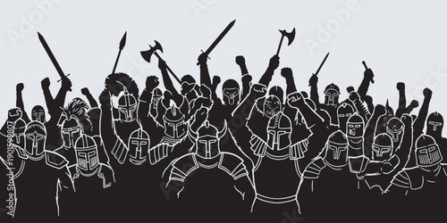 A large group of warriors in silhouette, raising their weapons and fists in a triumphant or aggressive display.